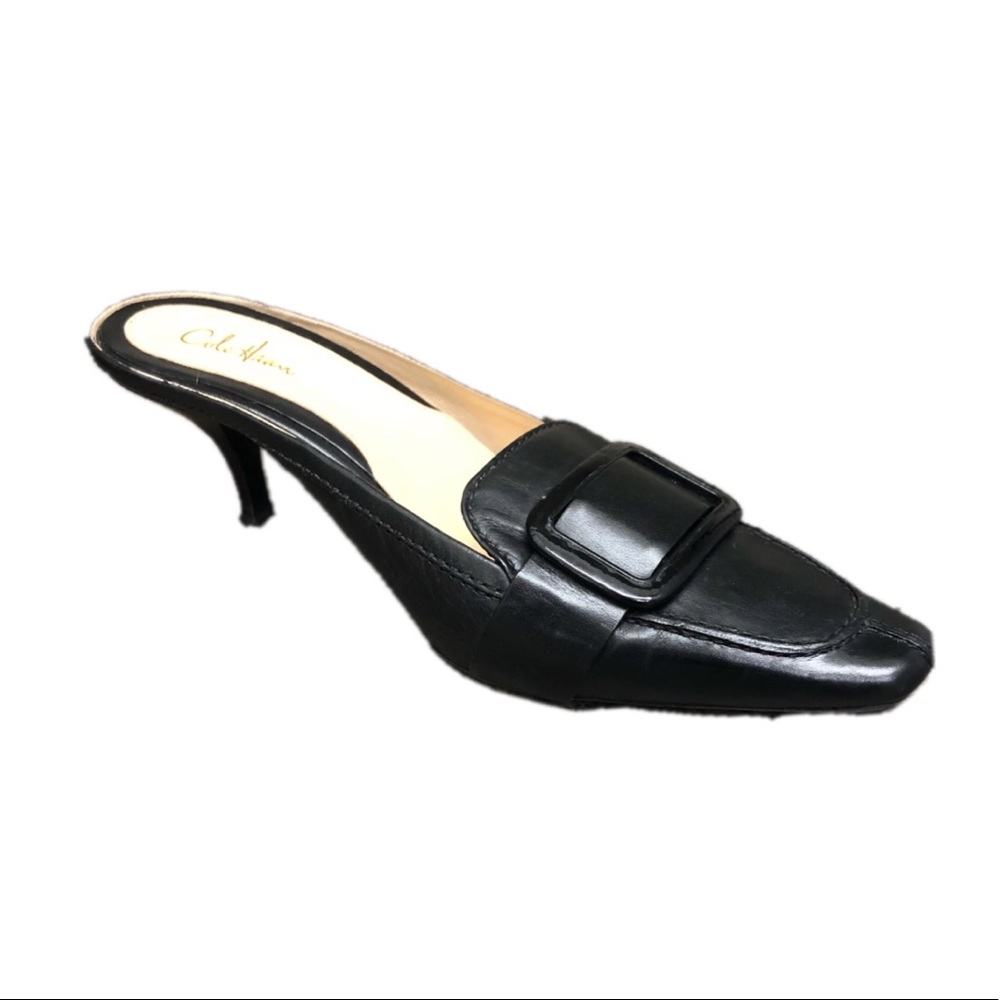 Cole Haan Black Leather Pointed Buckles Mules